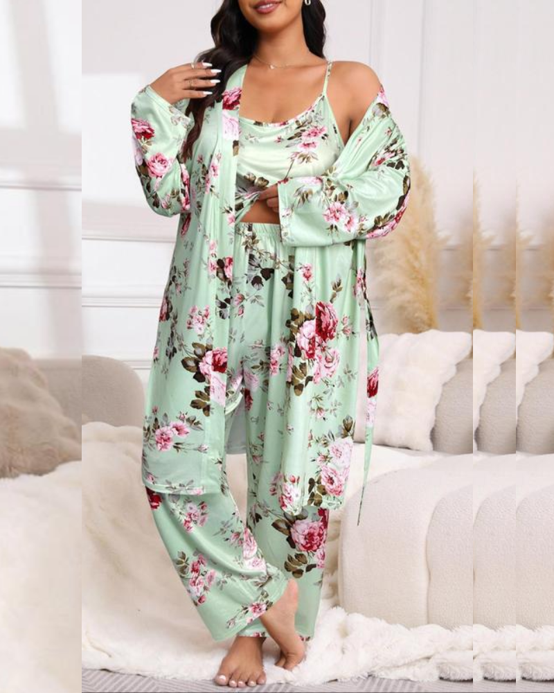 Comfy 3-Piece Pajama Set – Robe, Camisole & Long Pants