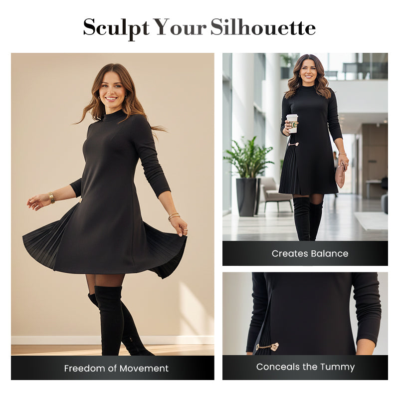 Elegant Long Sleeve Pleated Panel Dress