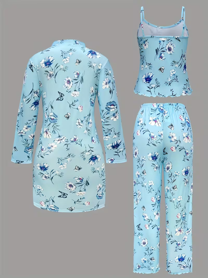 Comfy 3-Piece Pajama Set – Robe, Camisole & Long Pants