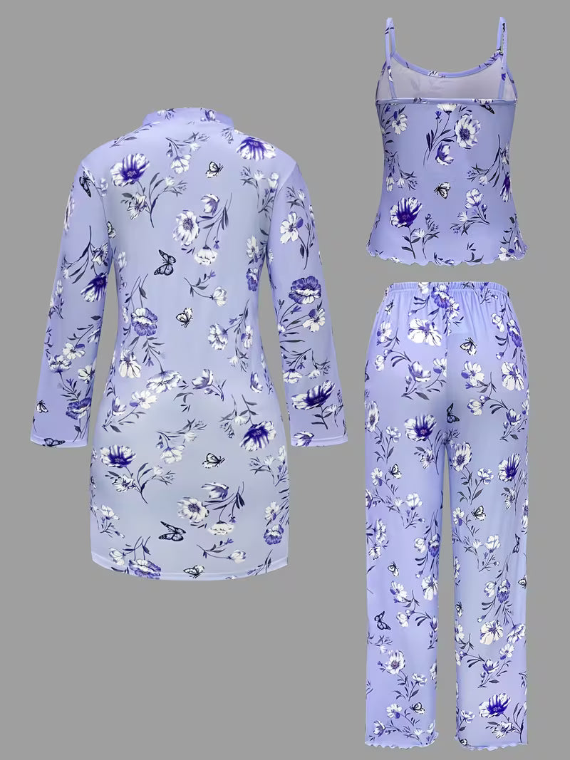 Comfy 3-Piece Pajama Set – Robe, Camisole & Long Pants