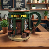 Irish Pub 3D Resin Coffee Mug St. Patricks Day Shamrock Beer Stein Style Cup, Green Irish Festival Drinkware, Vintage Leprechaun Pub Mug for Home Bar, Holiday Party Gift