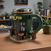 Irish Pub 3D Resin Coffee Mug St. Patricks Day Shamrock Beer Stein Style Cup, Green Irish Festival Drinkware, Vintage Leprechaun Pub Mug for Home Bar, Holiday Party Gift