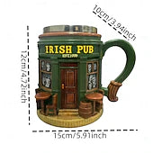 Irish Pub 3D Resin Coffee Mug St. Patricks Day Shamrock Beer Stein Style Cup, Green Irish Festival Drinkware, Vintage Leprechaun Pub Mug for Home Bar, Holiday Party Gift