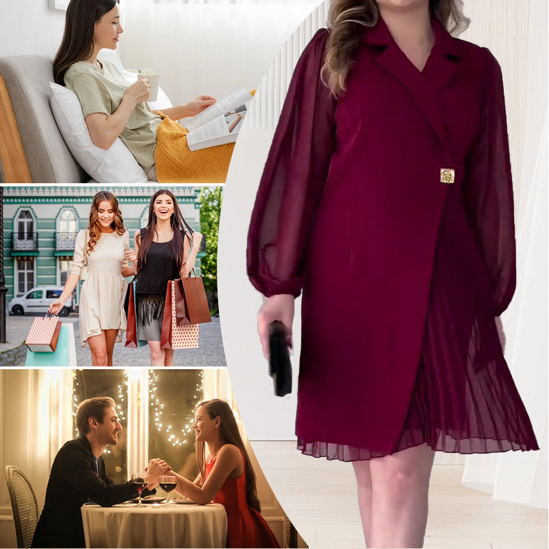 Lapel solid colourSuperior feeling Temperament pleated design dress👗