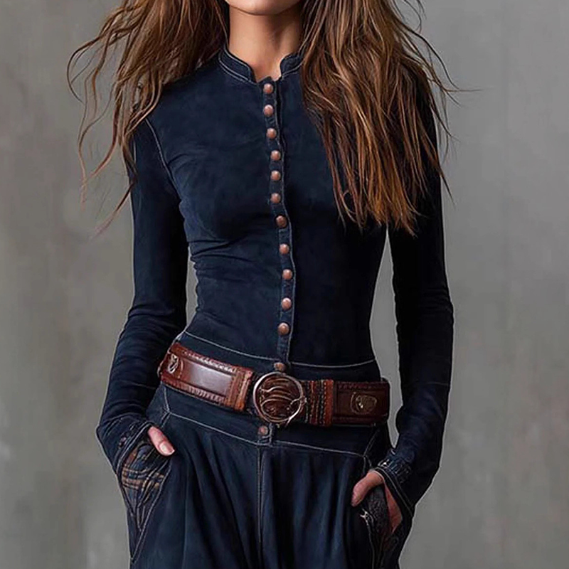 Vintage Stand Collar Button-Down Swing Dress