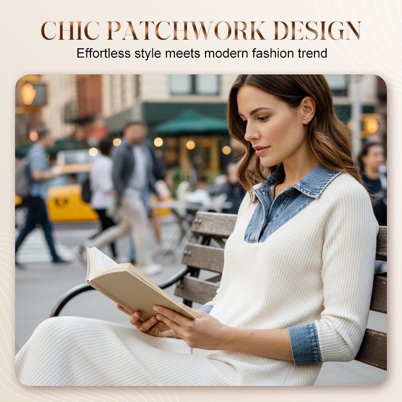 Women's Denim Patchwork Knit Midi Dress