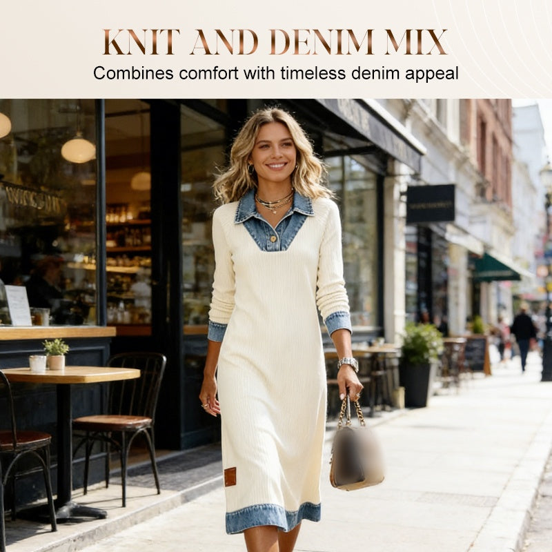 Women's Denim Patchwork Knit Midi Dress