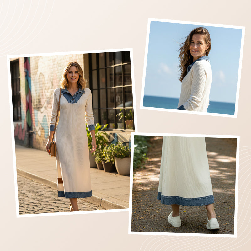 Women's Denim Patchwork Knit Midi Dress