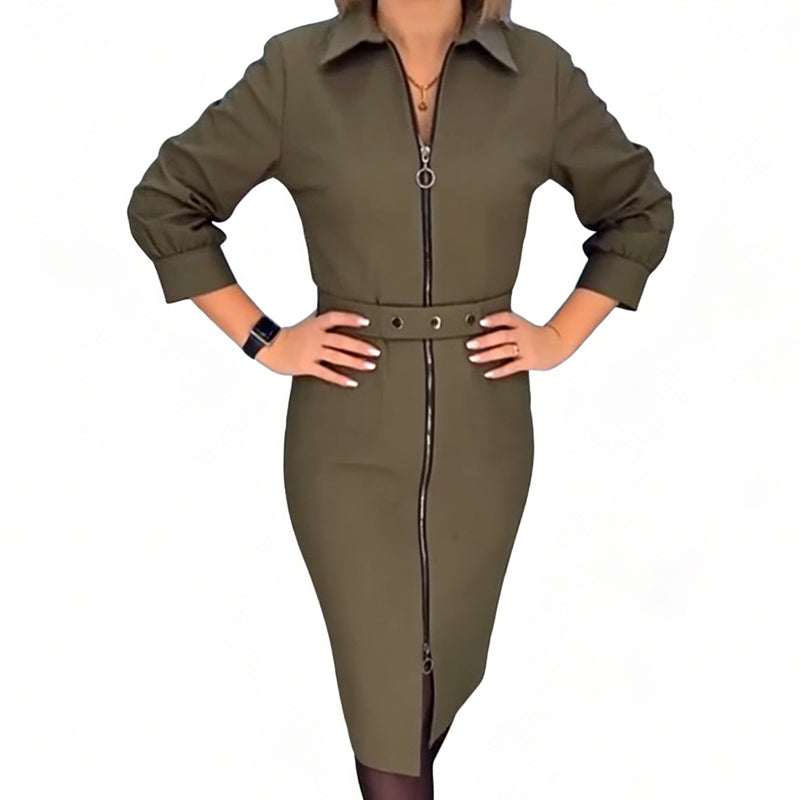 Women's Long Sleeve Full Zip-Front Bodycon Dress