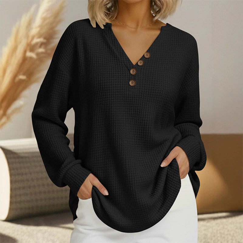 Women's Long Sleeve Waffle Knit V-Neck Top