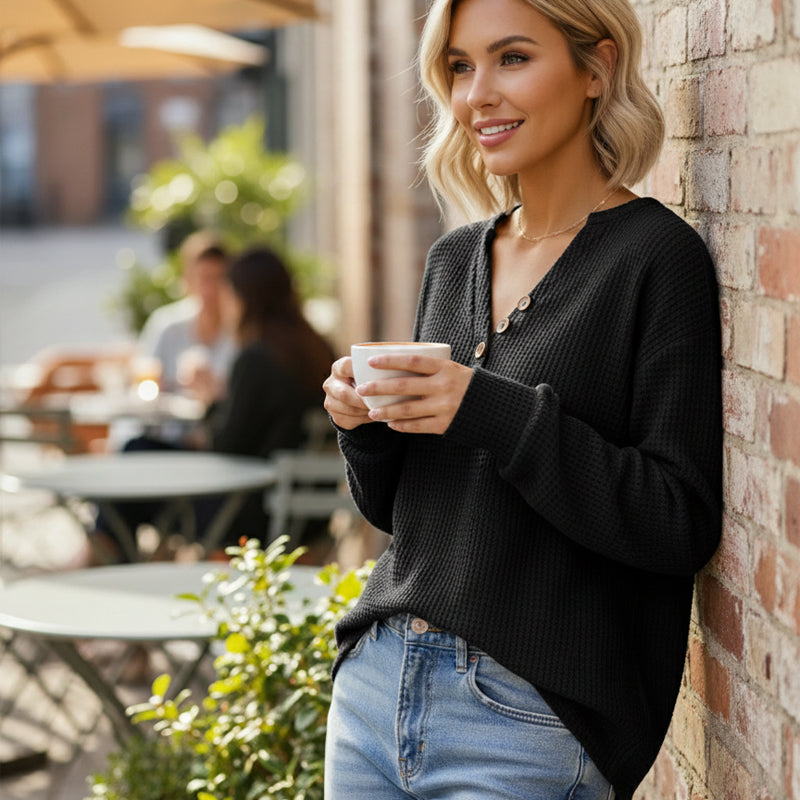 Women's Long Sleeve Waffle Knit V-Neck Top