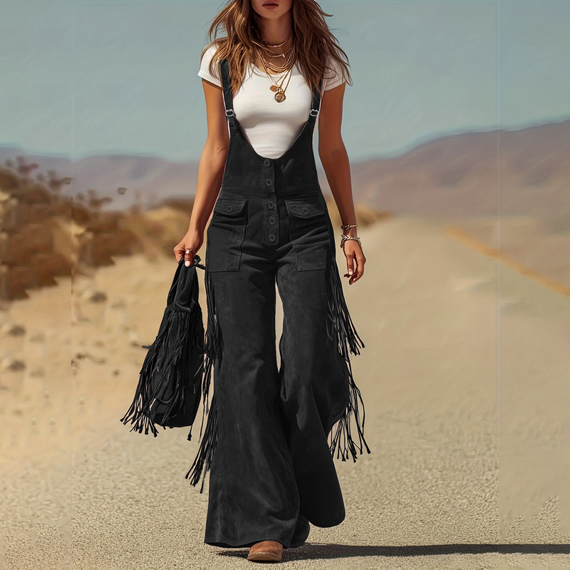Retro Western Suede Fringe Overalls