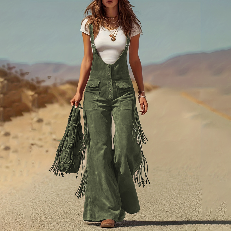 Retro Western Suede Fringe Overalls