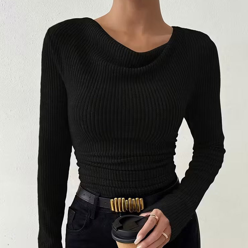 Women's Draped Neck Ruched Long-Sleeve Knit Tops