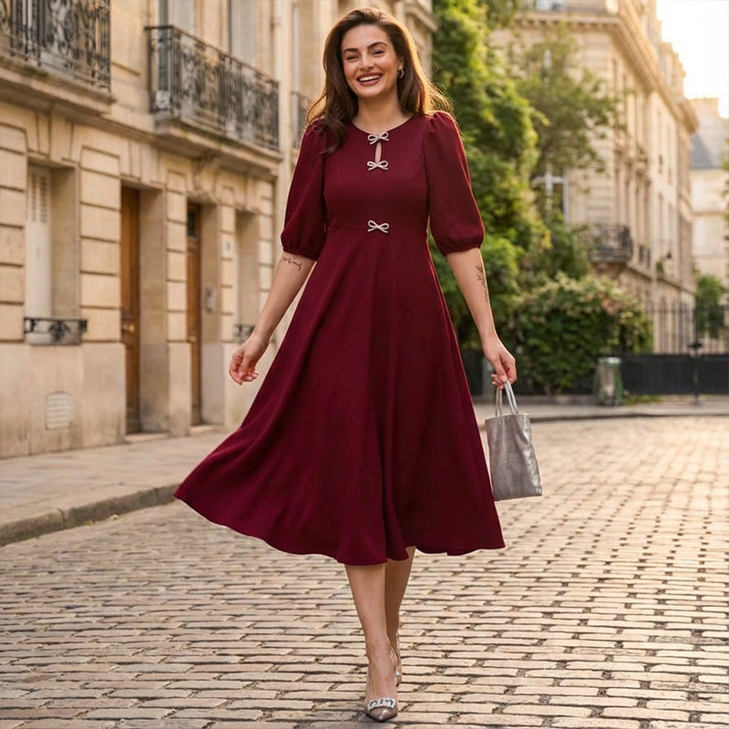 Women's Half-Sleeve A-Line Midi Dress with Bow