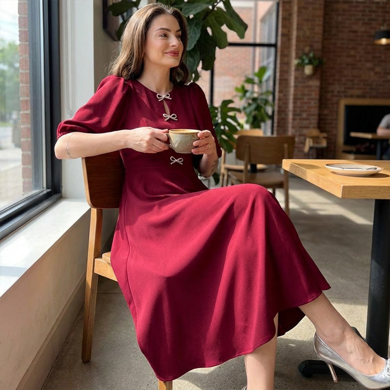 Women's Half-Sleeve A-Line Midi Dress with Bow