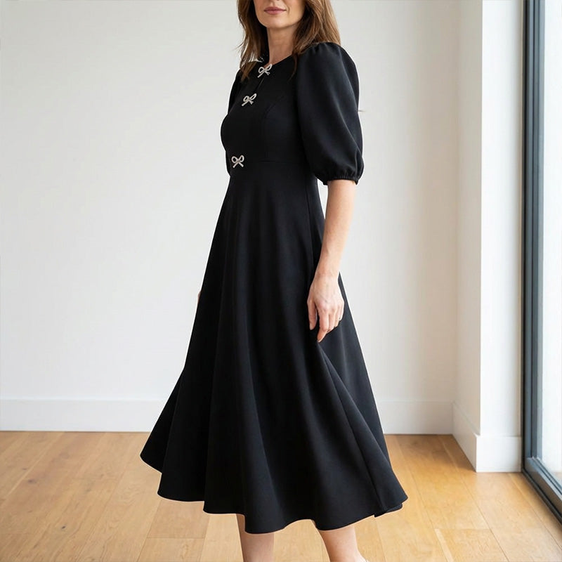 Women's Half-Sleeve A-Line Midi Dress with Bow