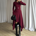 Modern Flared Sleeve Belted Asymmetrical Dress