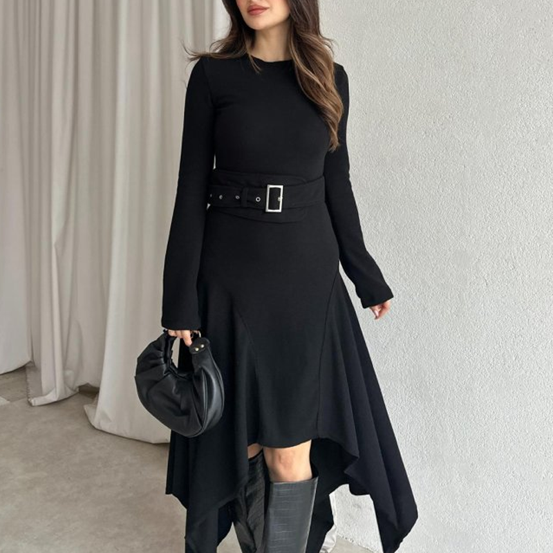 Modern Flared Sleeve Belted Asymmetrical Dress