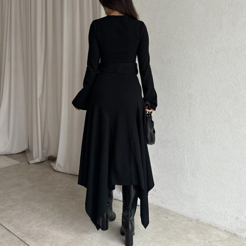 Modern Flared Sleeve Belted Asymmetrical Dress