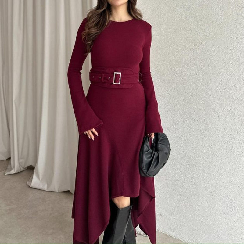 Modern Flared Sleeve Belted Asymmetrical Dress