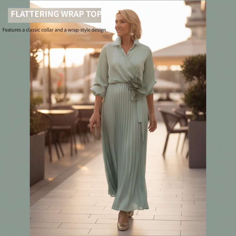 Elegant Pleated Maxi Dress with Floral Waist Detail