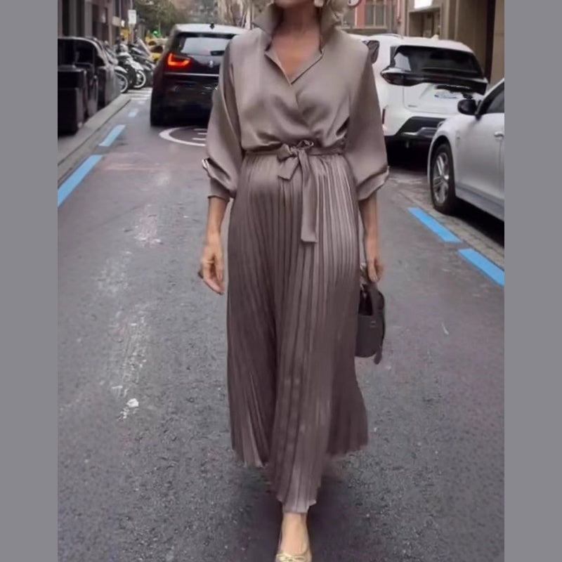 Elegant Pleated Maxi Dress with Floral Waist Detail