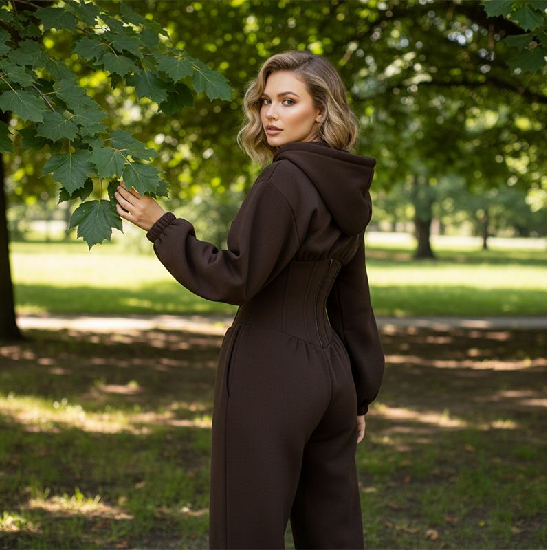 Warm Hooded Jumpsuit with Corset Waist