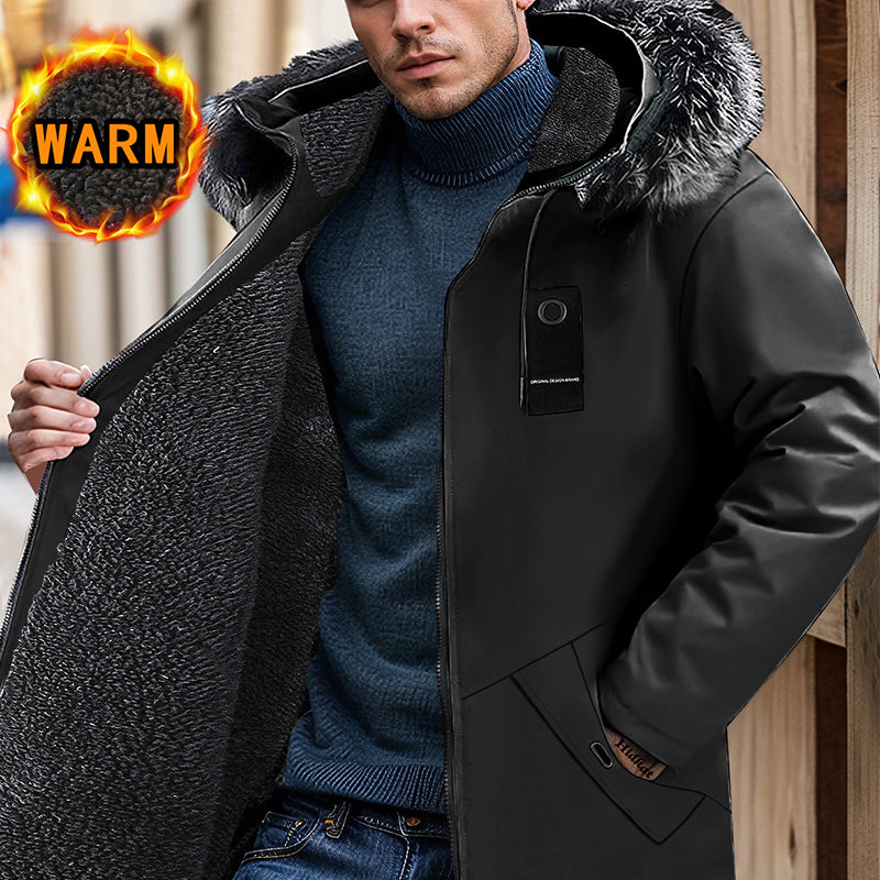 Men's Windproof Hooded Thermal Mid-Length Parka Jacket