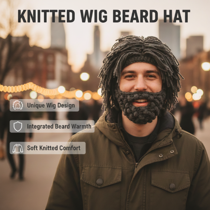 Punk-style hat with an attached simple wig and knitted beard