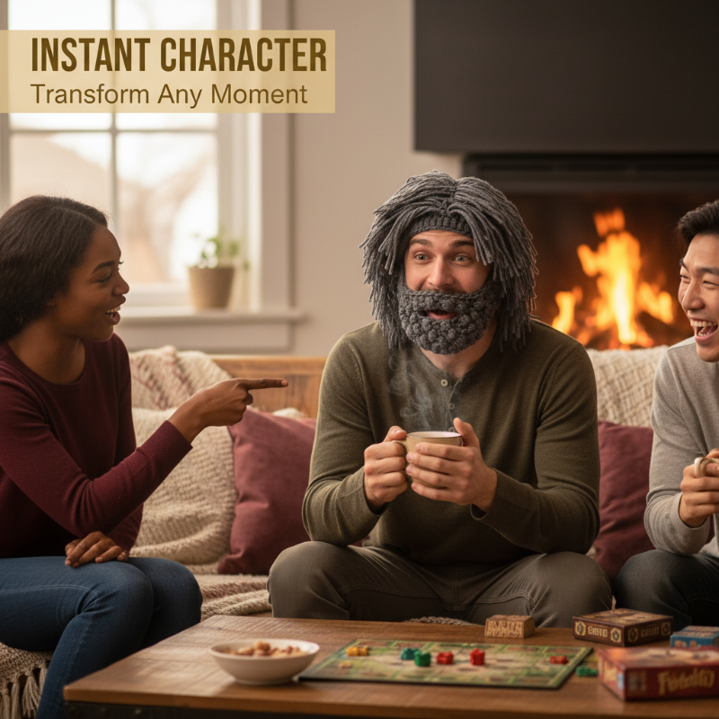 Punk-style hat with an attached simple wig and knitted beard