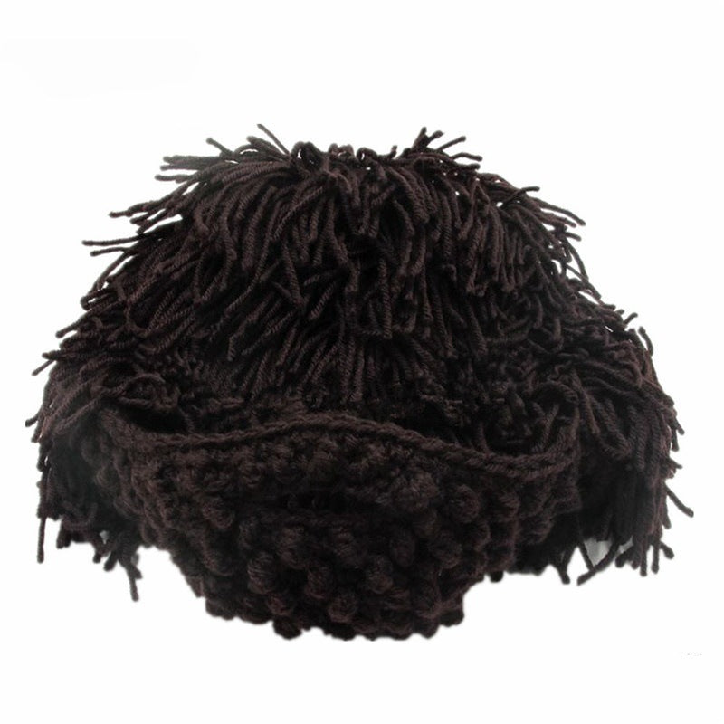 Punk-style hat with an attached simple wig and knitted beard