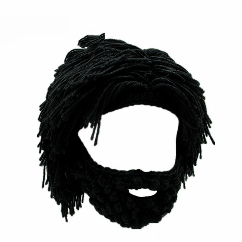 Punk-style hat with an attached simple wig and knitted beard
