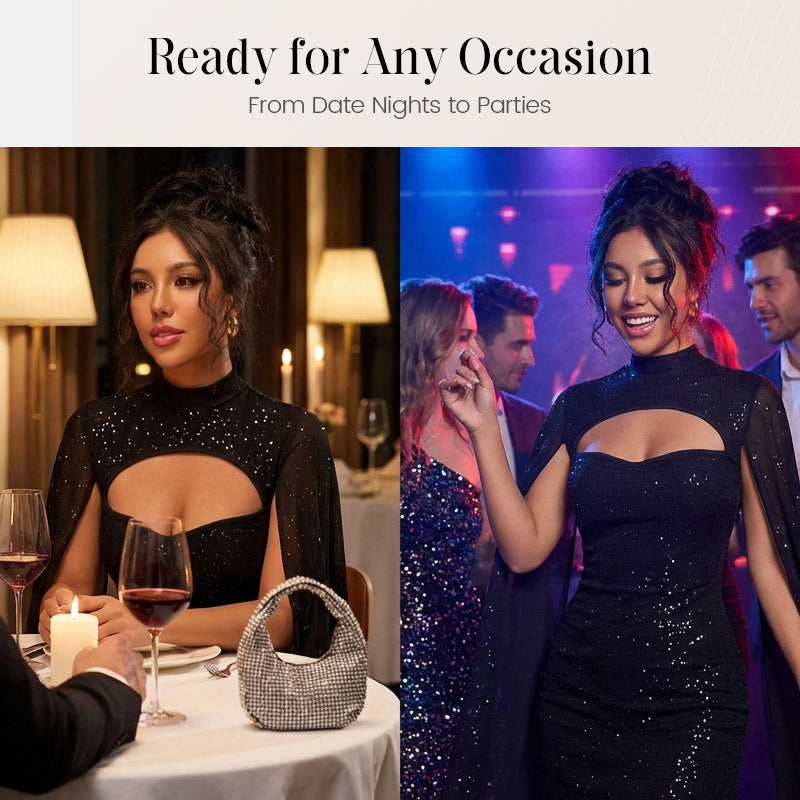 Women's Cutout Ribbed Dress with Chiffon Cape