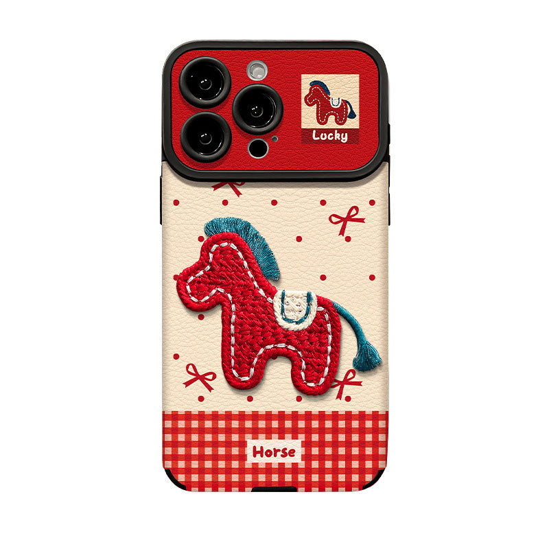 Cute Horse Embroidered Phone Case with Doll Lanyard