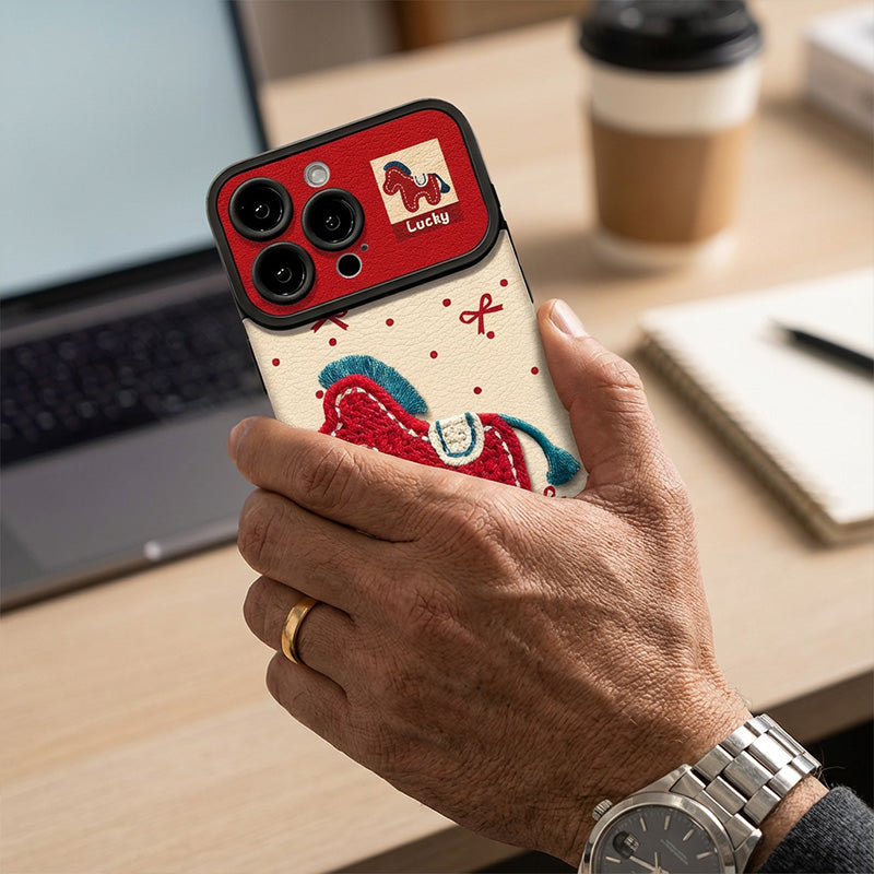 Cute Horse Embroidered Phone Case with Doll Lanyard