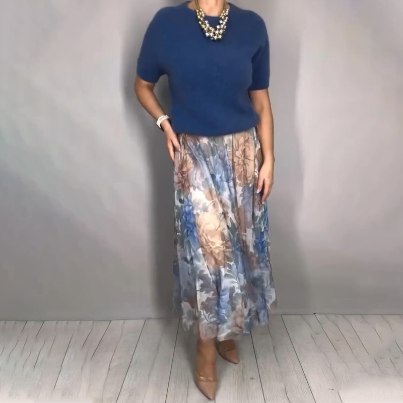 Elegant Floral Knit Top & Midi Skirt 2-Piece Set