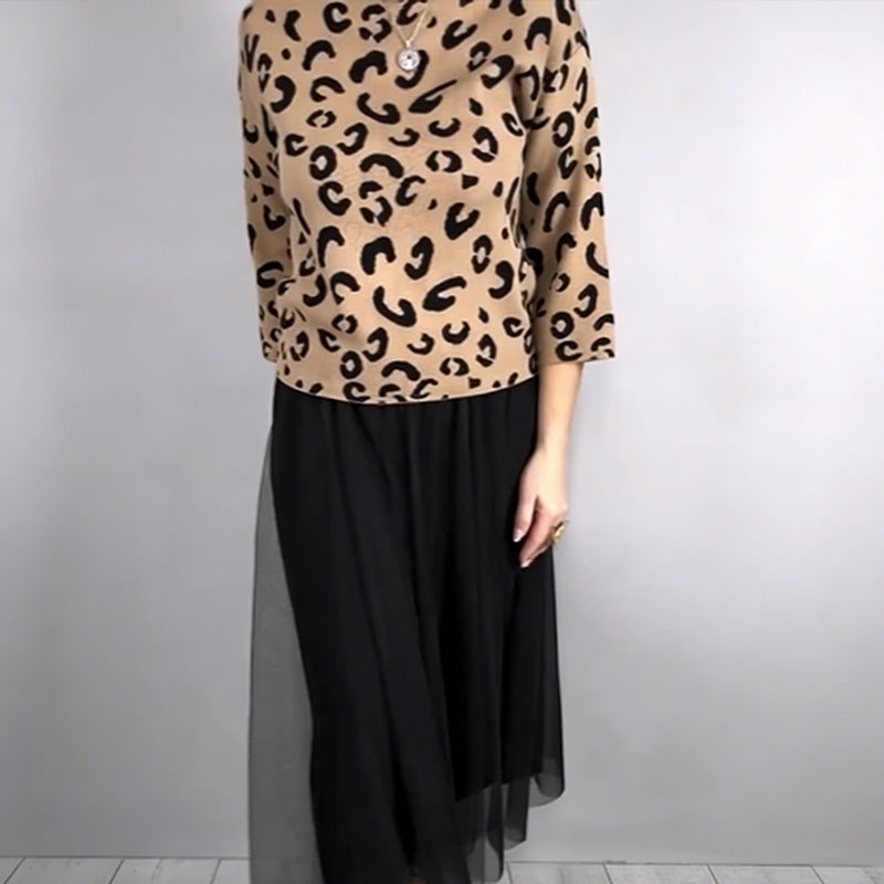 Women's Leopard Print Top & Mesh Skirt 2-Piece Set