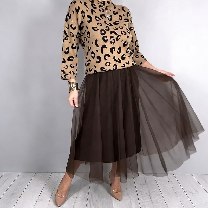 Women's Leopard Print Top & Mesh Skirt 2-Piece Set