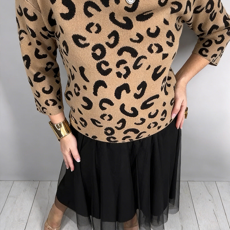 Women's Leopard Print Top & Mesh Skirt 2-Piece Set