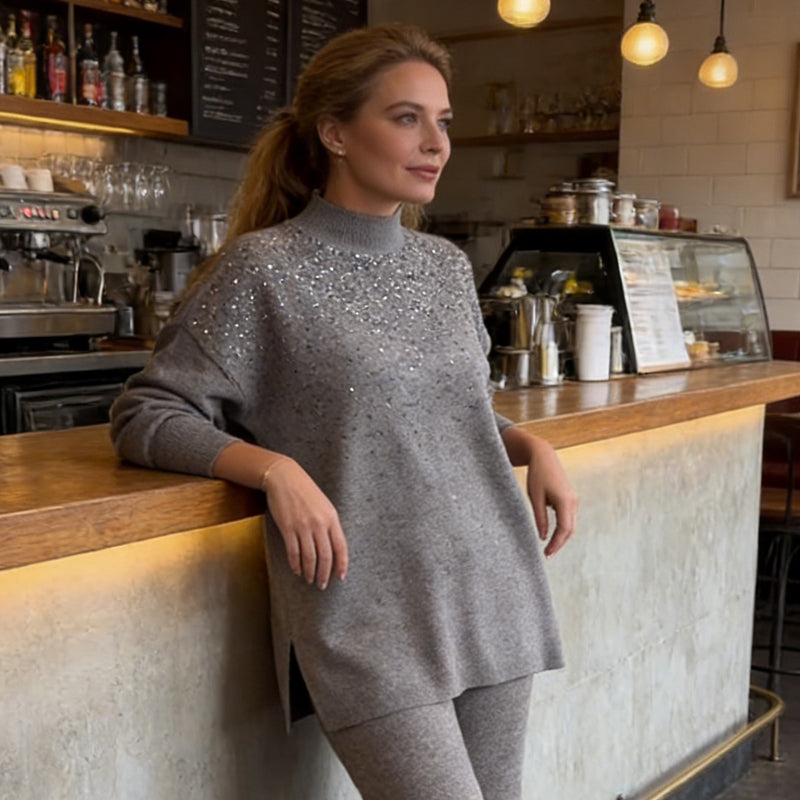 Rhinestone Embellished Knit Sweater & Pants Set