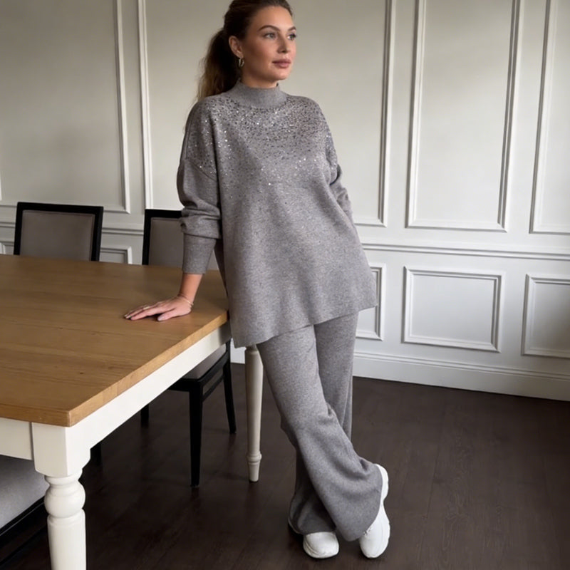 Rhinestone Embellished Knit Sweater & Pants Set