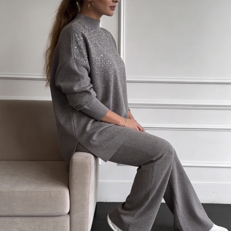 Rhinestone Embellished Knit Sweater & Pants Set