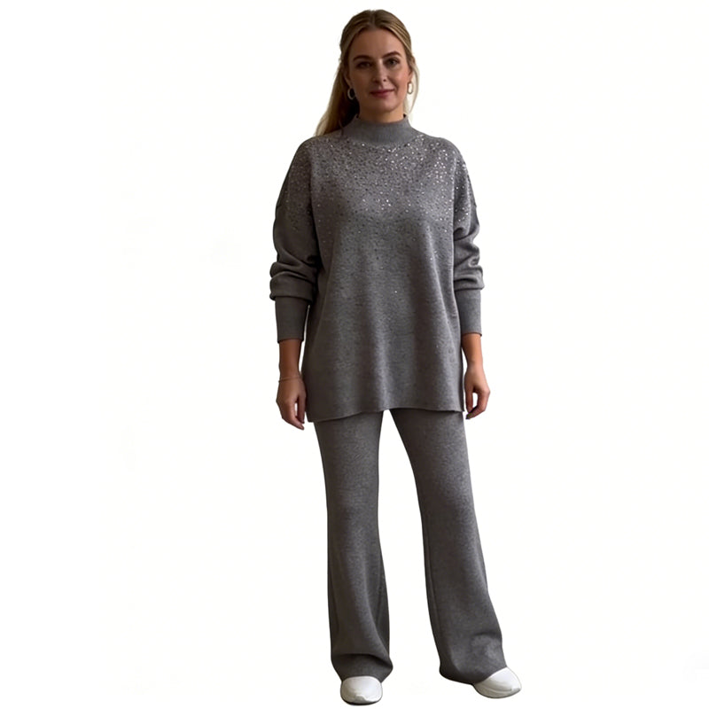 Rhinestone Embellished Knit Sweater & Pants Set