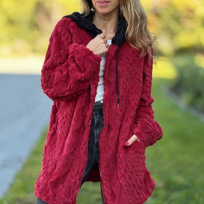 Cozy Warm Furry Hooded Jacquard Coat with Zipper