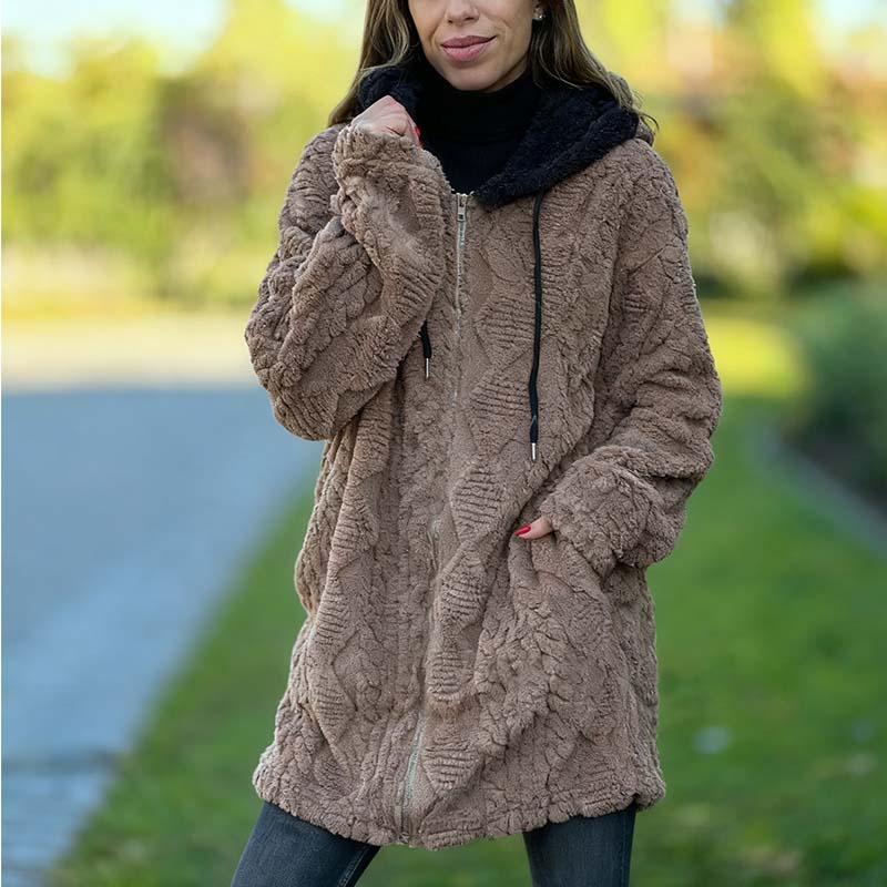 Cozy Warm Furry Hooded Jacquard Coat with Zipper