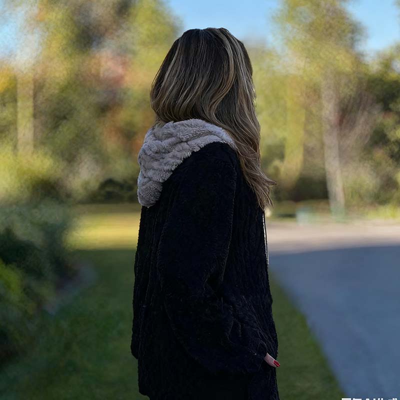 Cozy Warm Furry Hooded Jacquard Coat with Zipper