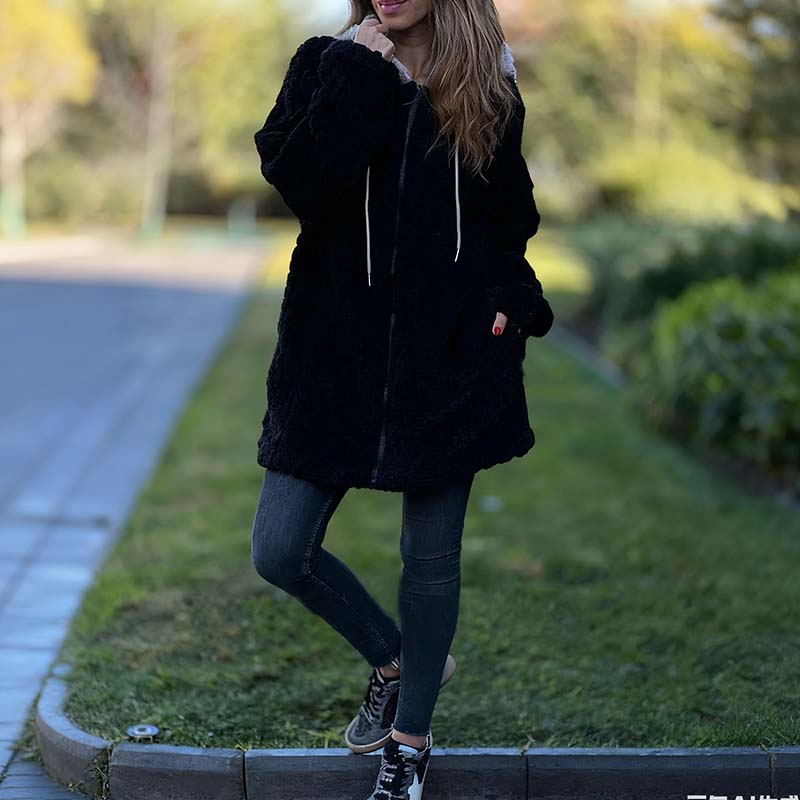 Cozy Warm Furry Hooded Jacquard Coat with Zipper