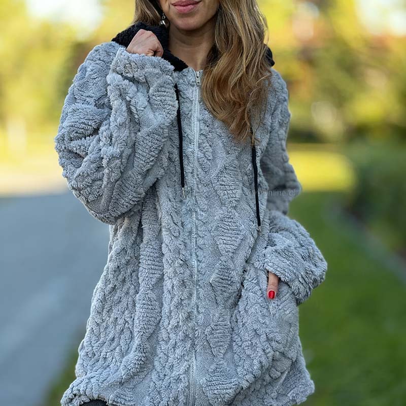 Cozy Warm Furry Hooded Jacquard Coat with Zipper
