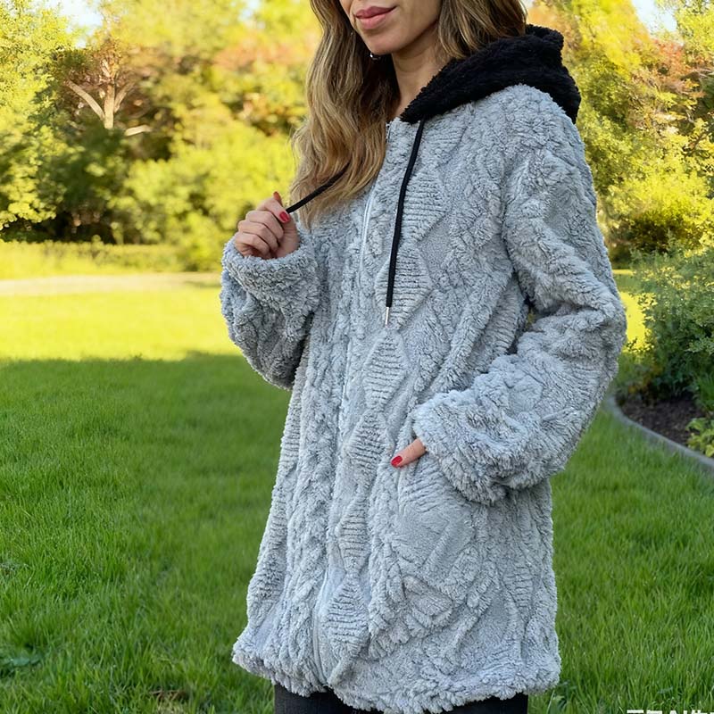Cozy Warm Furry Hooded Jacquard Coat with Zipper